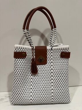 Woven White and grey Tote with faux leather brown and Tassel Accent new large